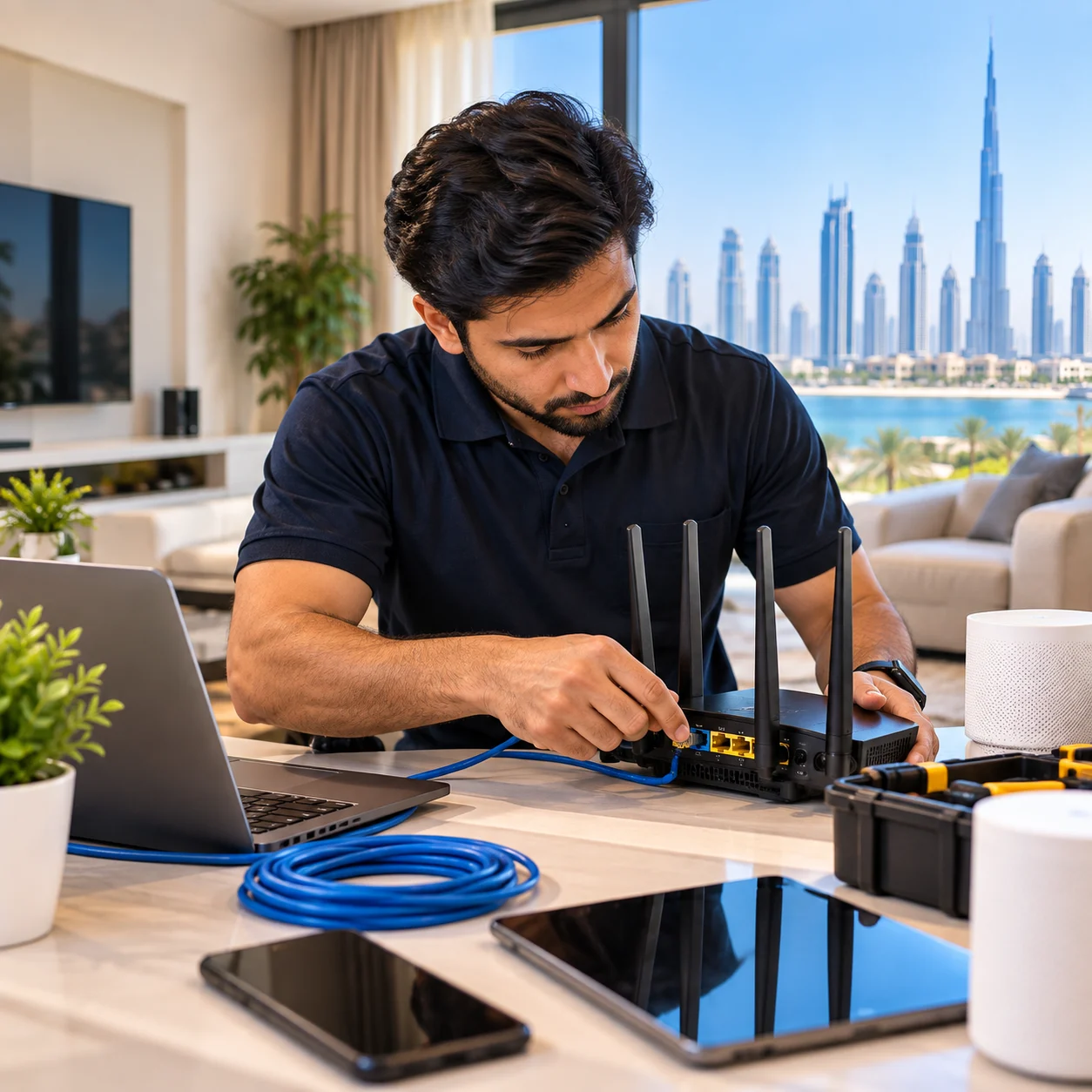 Home IT support in Dubai — technician helping with a home computer and WiFi network