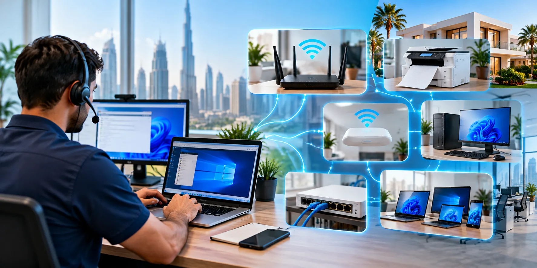 Remote IT support session in progress — configuring a router and network in Dubai